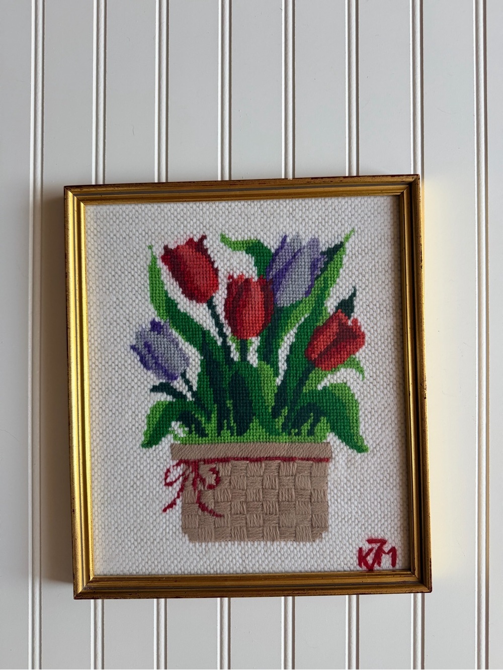 Framed Tulip Basket Needlepoint Art -